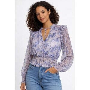 Free People Sheer Floral Mesh Smocked Blouse Women's Small Boho Cottagecore